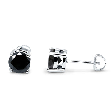 Solitaire Screw Back Stud Earring Brilliant Round Simulated Black CZ Solid 925 Sterling Silver